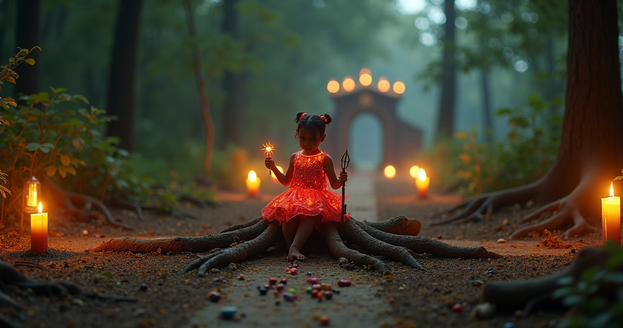 Representação simbólica de Exu Mirim criança em encruzilhada espiritual colorida