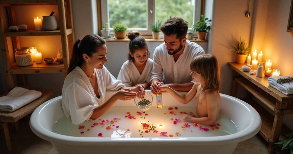 Família em volta de banheira com ervas se preparando para banho energético caseiro