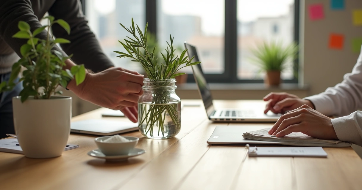 Colegas de trabalho trocando ervas em um pequeno vaso sobre a mesa do escritório