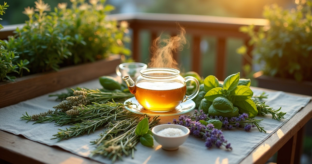 Horta de ervas fresca ao amanhecer vista de cima com itens de ritual matinal