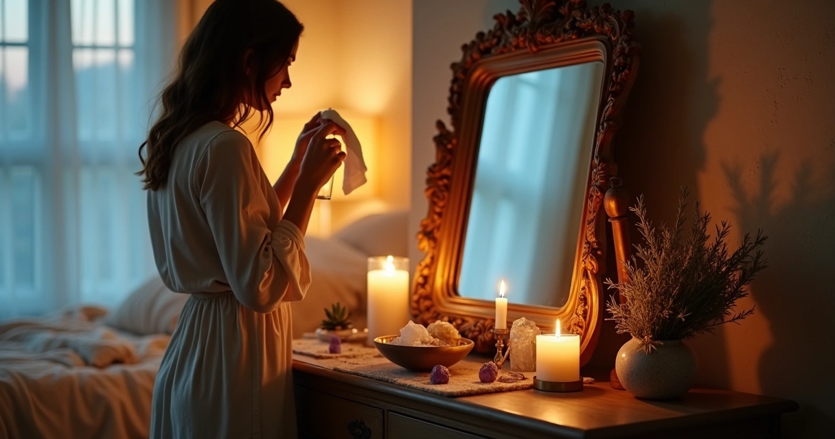 Mulher limpa espelho antigo com spray e vela acesa ao lado