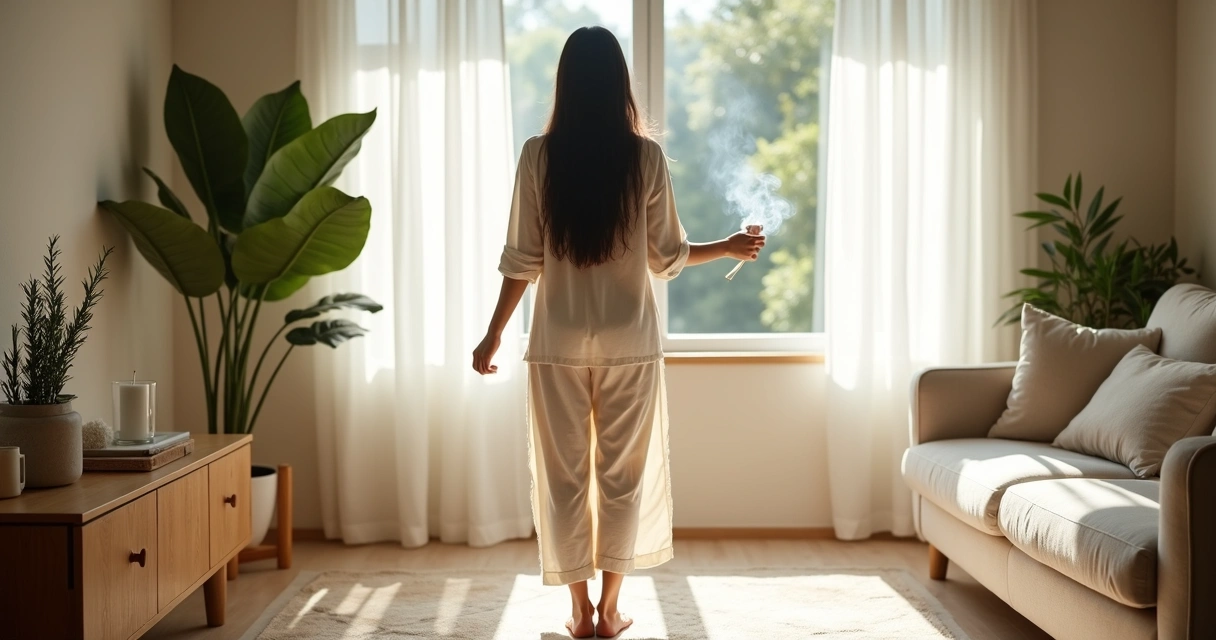 Mulher em sala iluminada fazendo limpeza espiritual diante de janela aberta