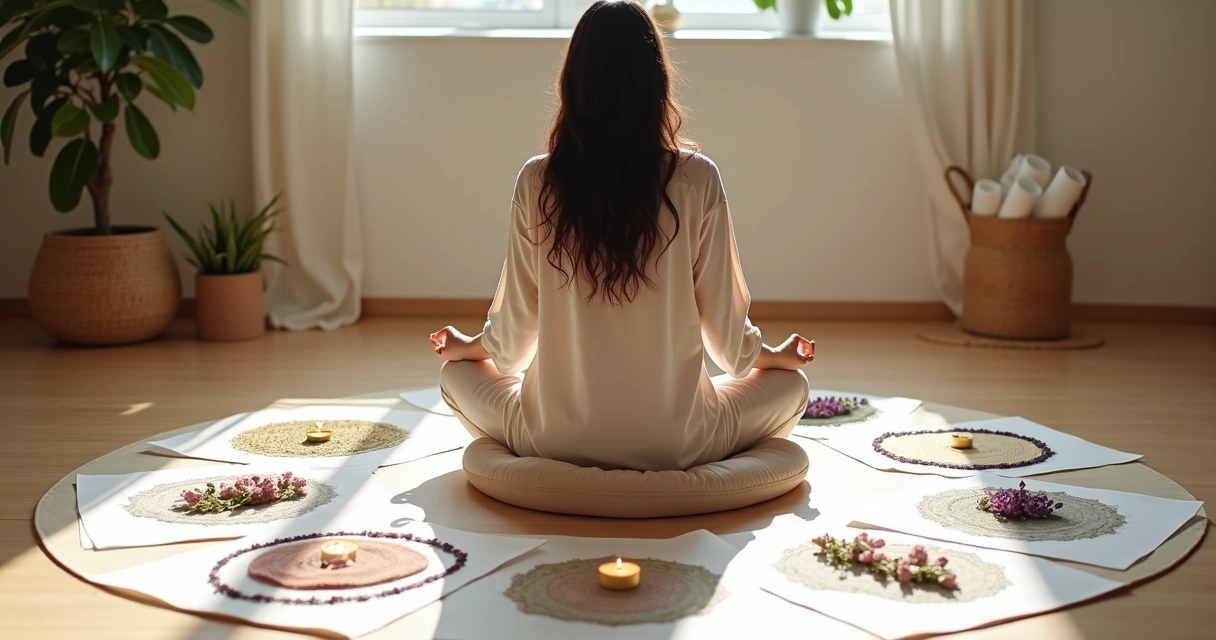 Mandalas simples desenhadas ao redor de mulher meditando no chão de madeira