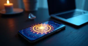 Mandala luminosa de proteção sobre smartphone em mesa escura