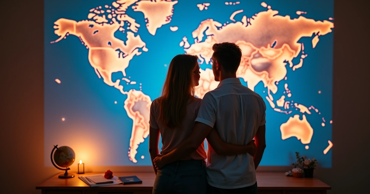 Casal abraçado observa mapa mundi astrológico iluminado