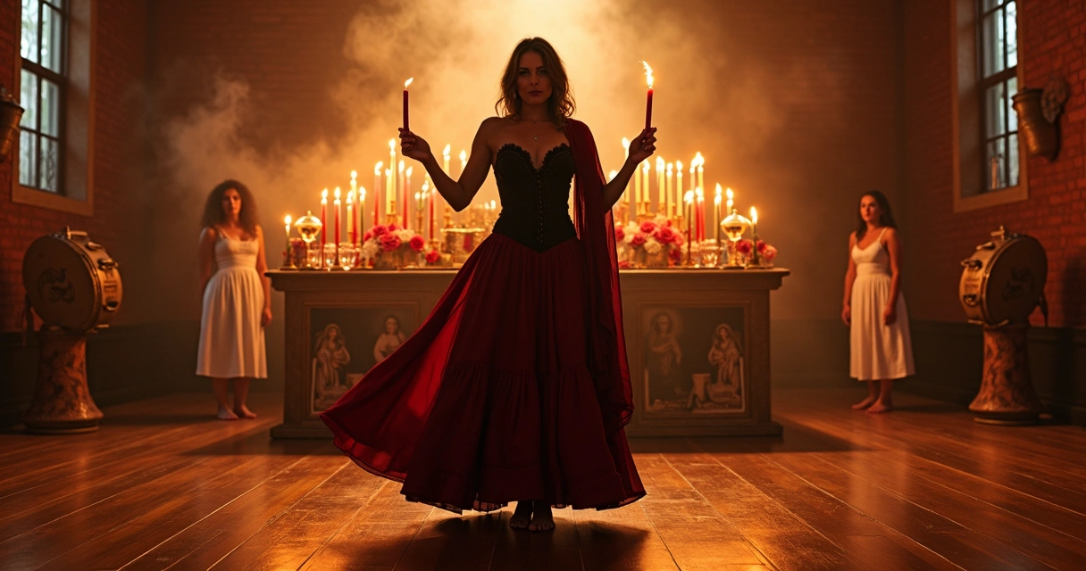 Sacerdotisa em terreiro de Umbanda incorporando Maria Quitéria diante de congá iluminado