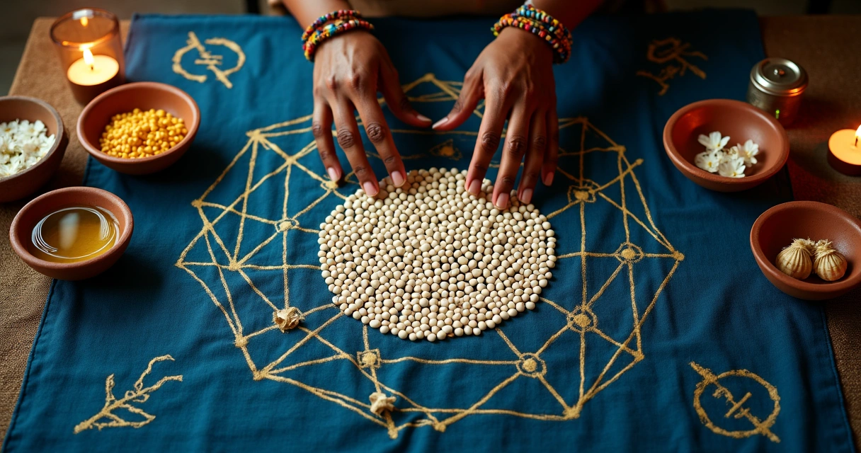 Jogo de búzios sobre toalha azul com símbolos dos orixás