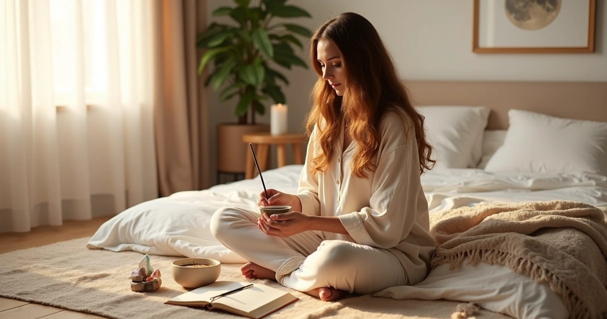 Mulher acende incenso em ritual matinal de autocuidado em casa