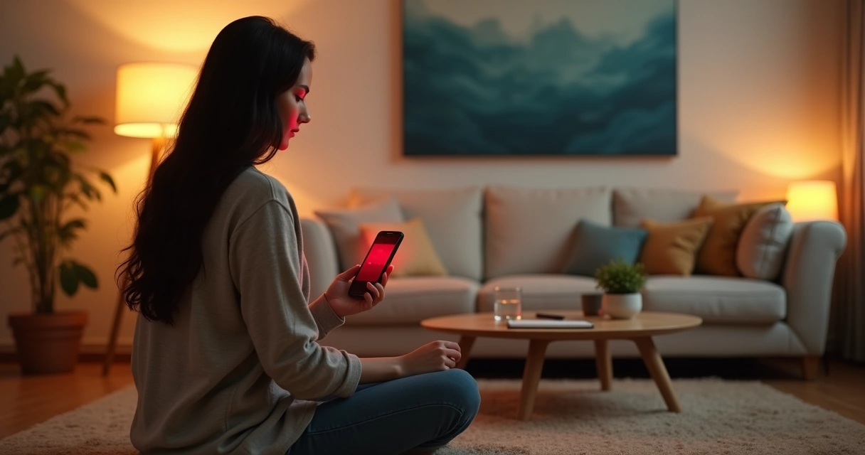Mulher em sala aconchegante filtrando notícias no celular e mantendo equilíbrio espiritual