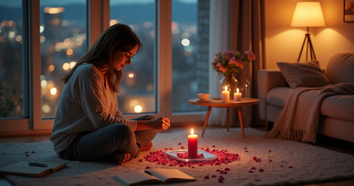 Mulher sozinha acende vela em formato de coração perto da janela à noite