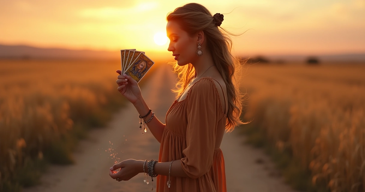 Mulher com cartas de tarot em caminho iluminado ao pôr do sol