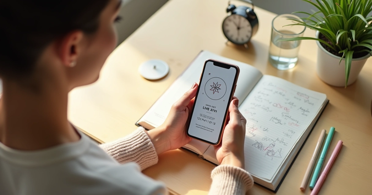 Mulher calcula numerologia da data de nascimento no celular em mesa de madeira clara