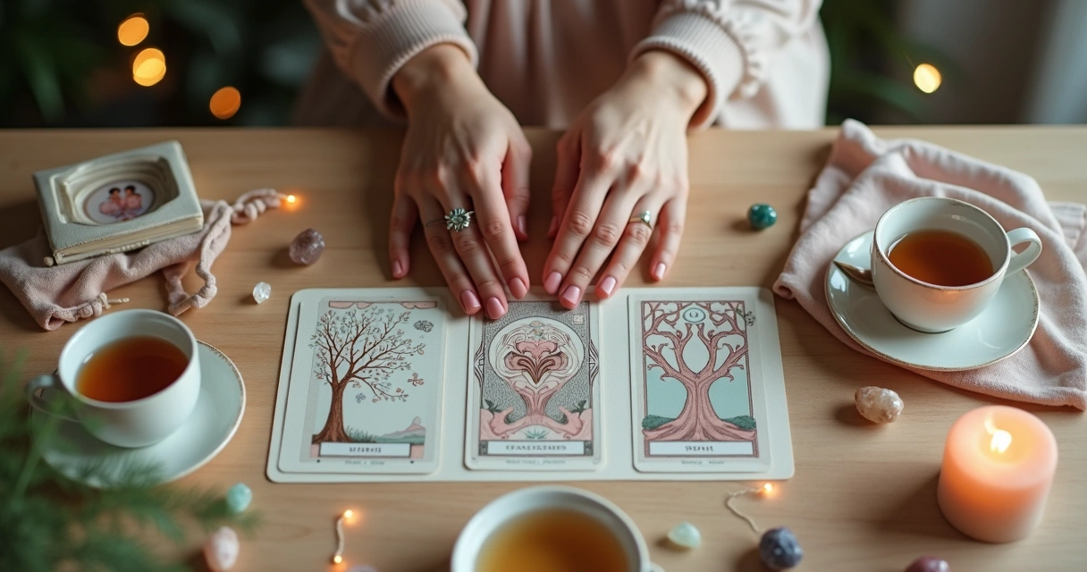 Mãos femininas escolhendo oráculo entre cartas e cristais coloridos