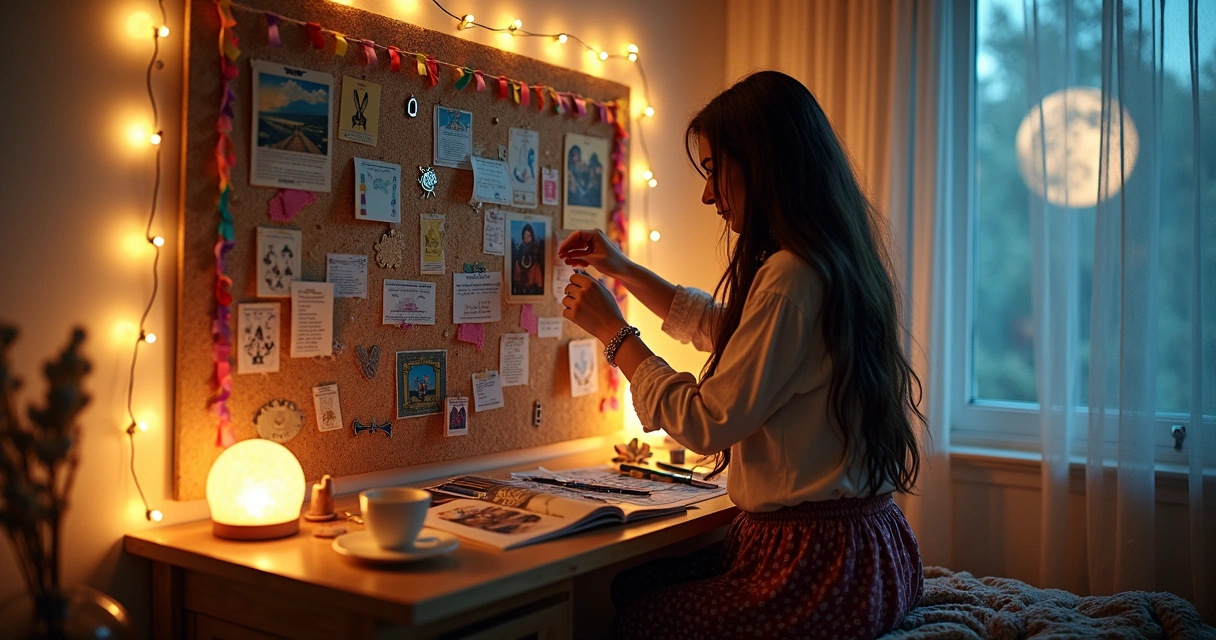 Mulher monta painel cigano de sonhos com recortes coloridos na parede