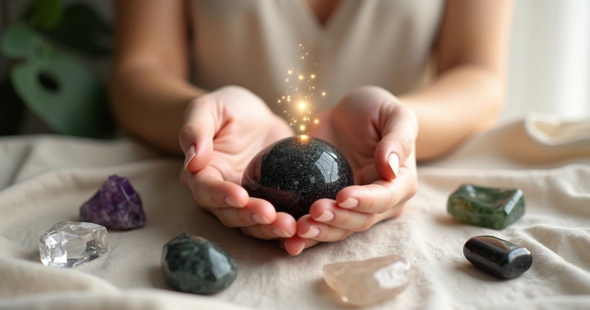 Mãos femininas segurando pedra de proteção em cenário místico suave