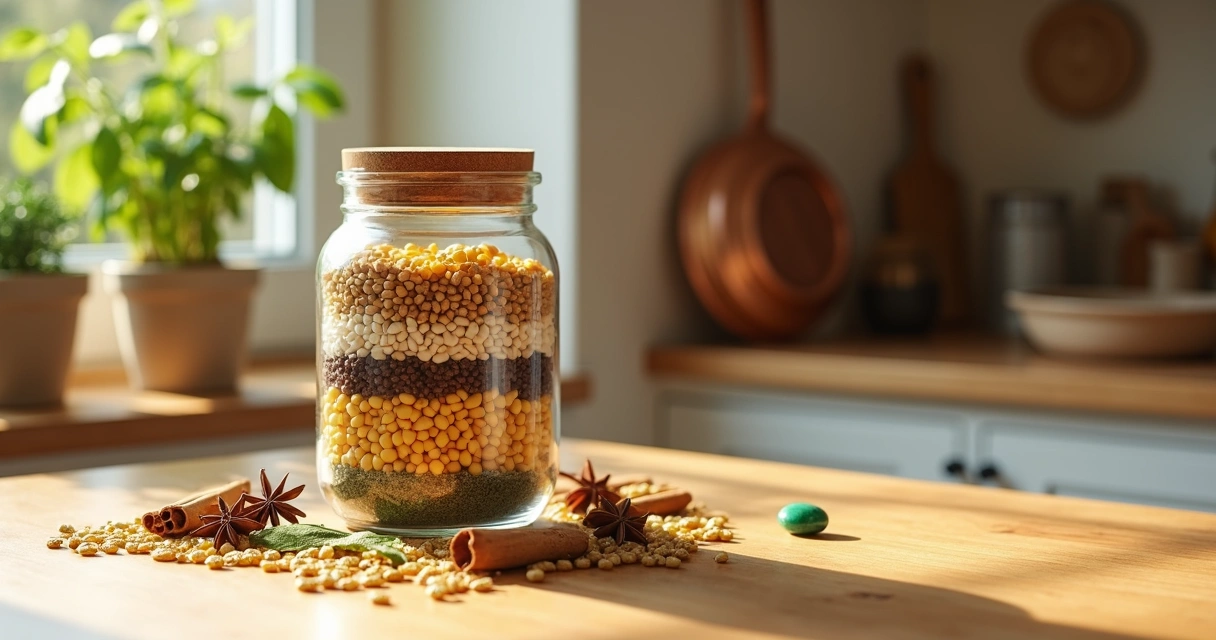 Pote de prosperidade com ervas e grãos em bancada de cozinha aconchegante