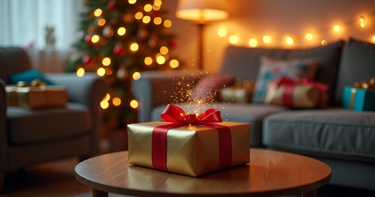 Jovem observando a aura colorida de um presente em ambiente festivo