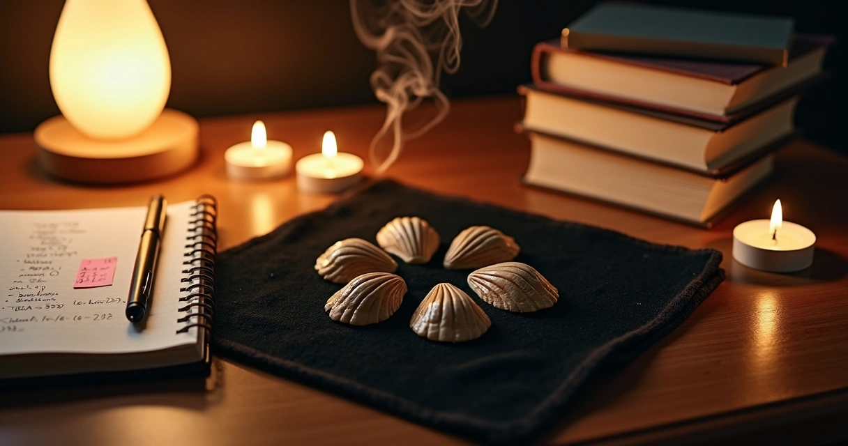 Búzios sobre caderno de estudos com livro aberto e velas acesas