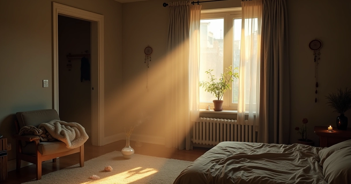 Quarto escuro com energia estagnada sendo renovada por feixe de luz dourada