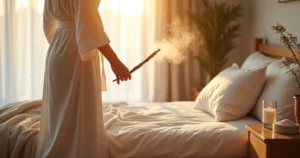 Quarto claro sendo purificado com fumaça de incenso e luz natural entrando pela janela