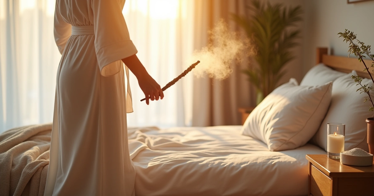 Quarto claro sendo purificado com fumaça de incenso e luz natural entrando pela janela