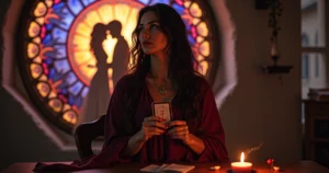 Mulher sozinha segurando carta de tarot diante de vitral com silhueta de casal