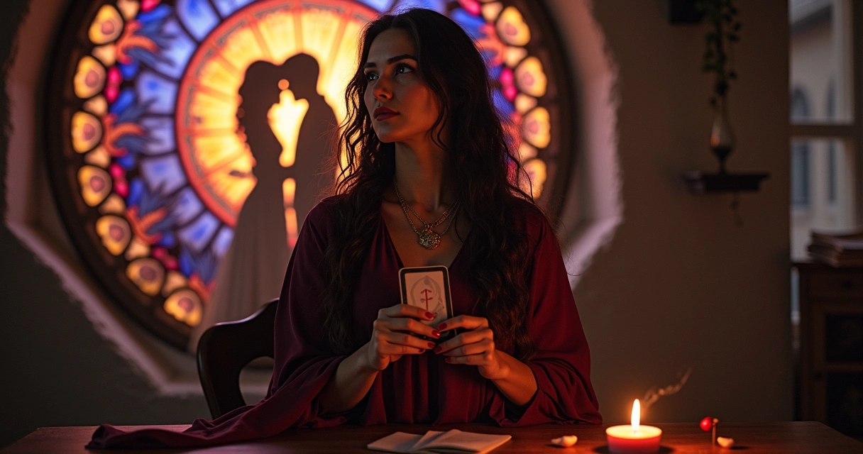 Mulher sozinha segurando carta de tarot diante de vitral com silhueta de casal