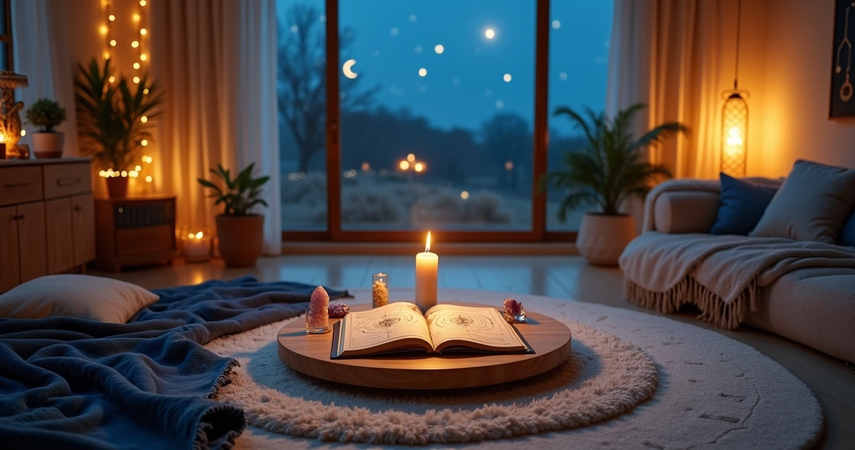Sala aconchegante preparada para ritual astrológico noturno em casa
