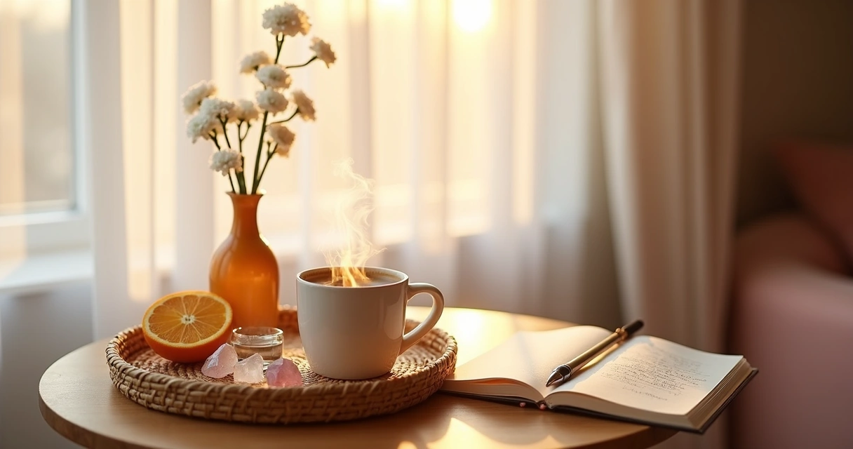 Bandeja de café da manhã com café, vela acesa e cristais ao lado de janela iluminada