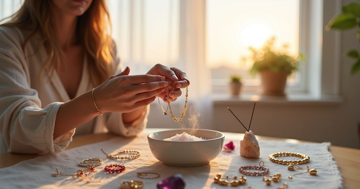 Mulher fazendo ritual de limpeza energética com bijuterias perto da janela ao amanhecer