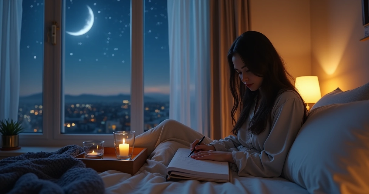 Mulher em cama com caderno de gratidão olhando para o céu noturno pela janela