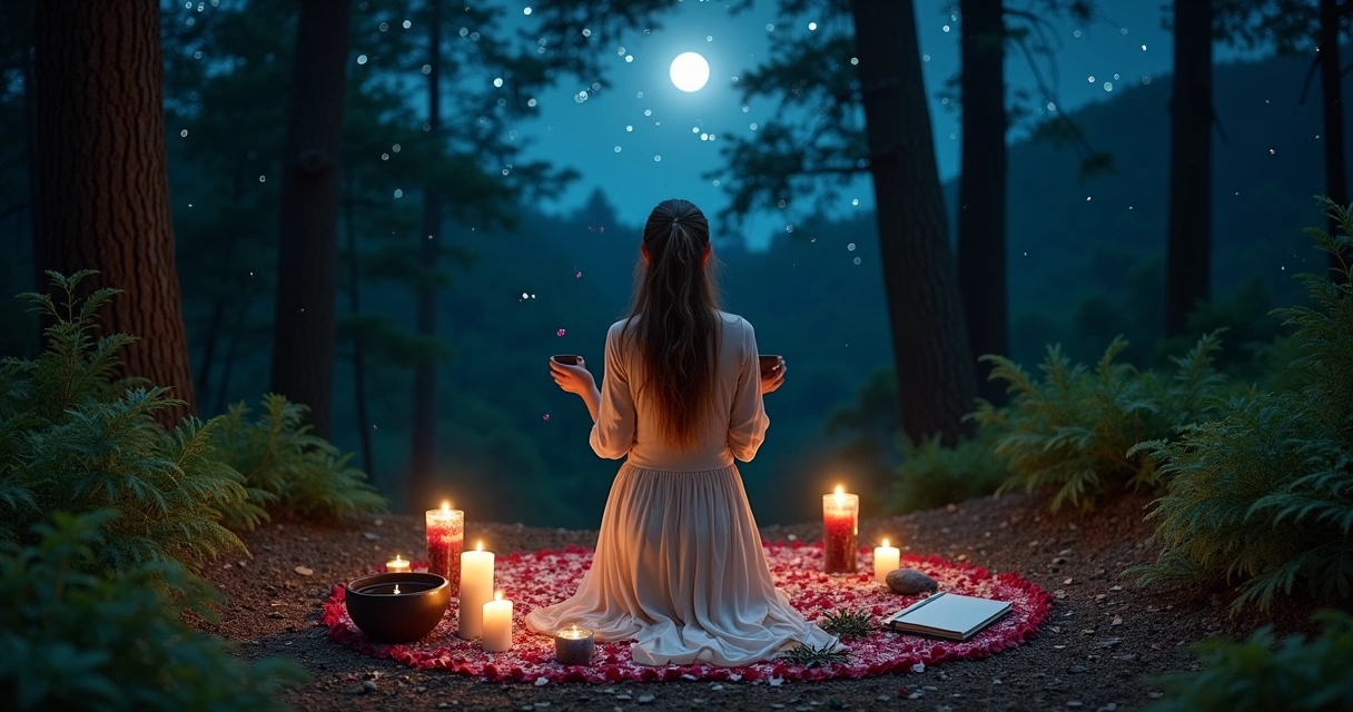 Mulher em vestido leve faz ritual de lua nova em altar circular ao ar livre