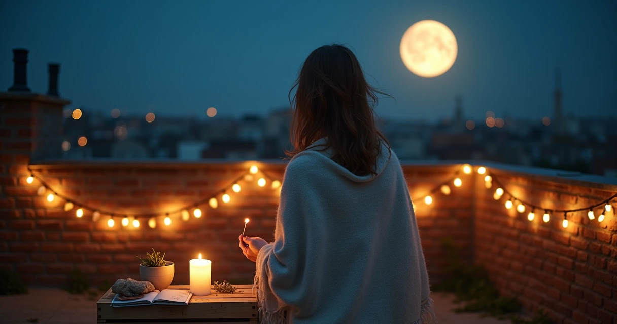 Mulher adulta acendendo vela em ritual pessoal noturno sob a luz da lua