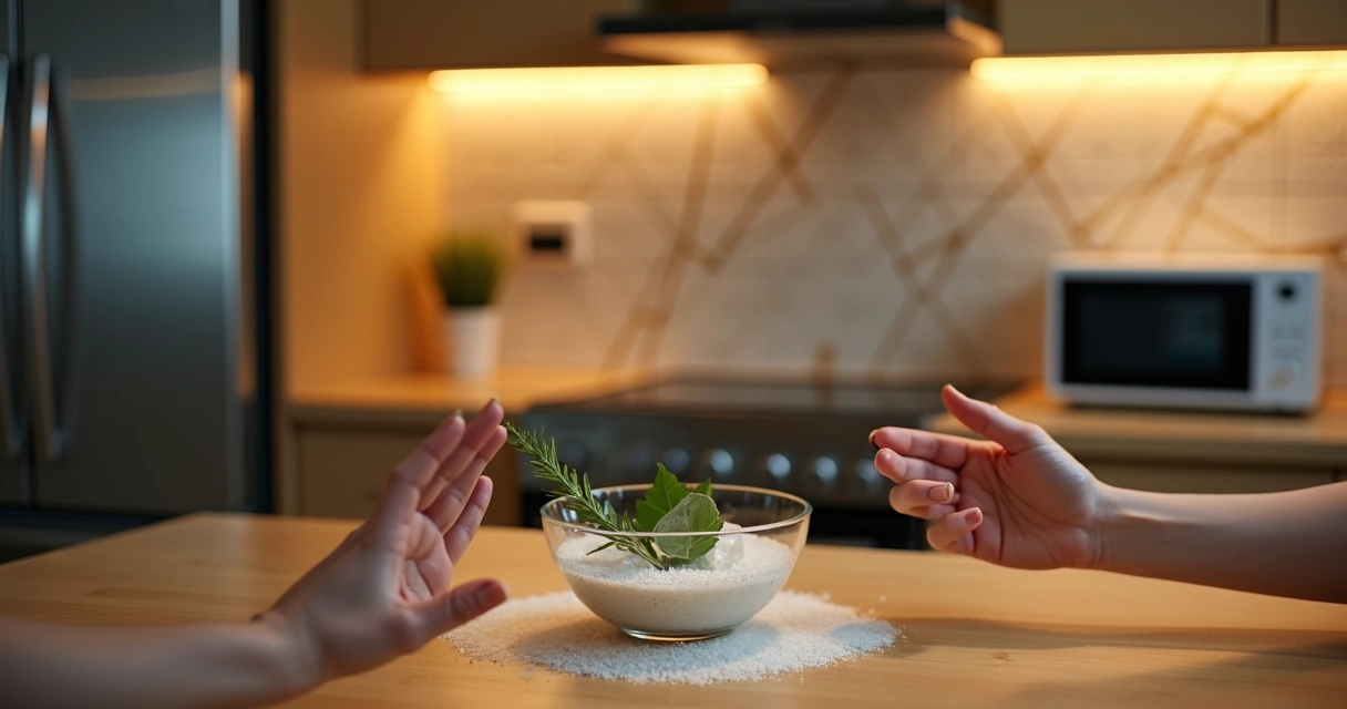 Mãos fazendo ritual de proteção diante de eletrodomésticos na cozinha