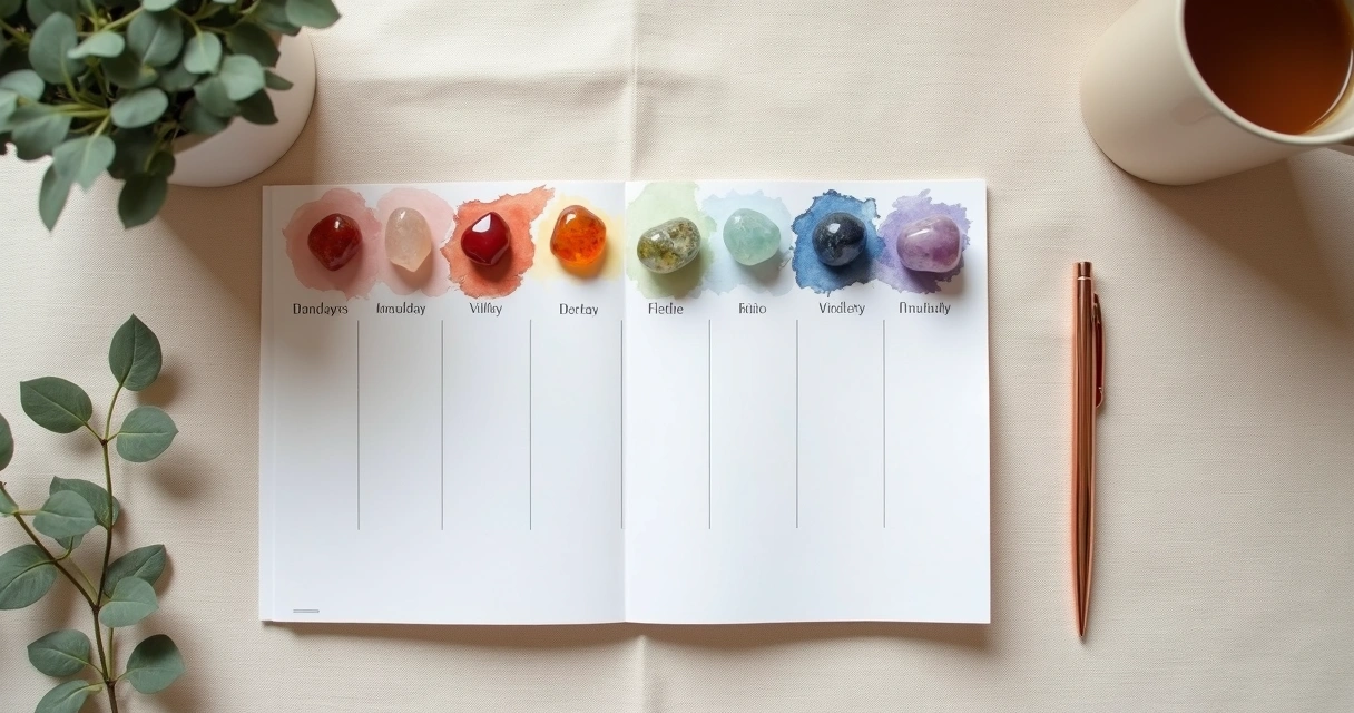 Calendário semanal com cristais coloridos alinhados em fileiras