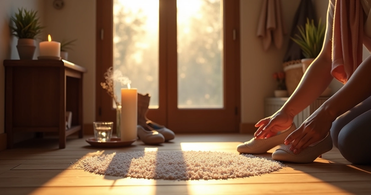 Pessoa fazendo ritual de proteção com vela e sal grosso perto da porta de casa