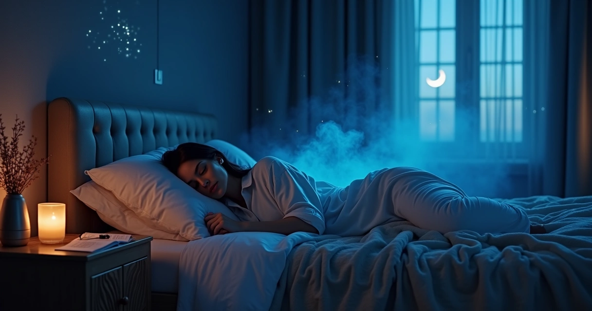 Mulher adormecida em cama escura com névoa azul de aromas ao redor