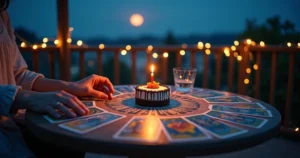 Mesa redonda com cartas de tarot abertas em aniversário à luz do luar