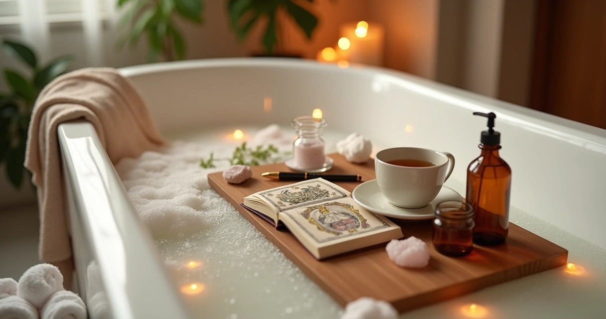 Banheira de espuma com cartas de tarot e elementos de autocuidado ao redor