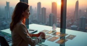 Mulher analisa cartas de tarot sobreposta a skyline corporativo ao entardecer