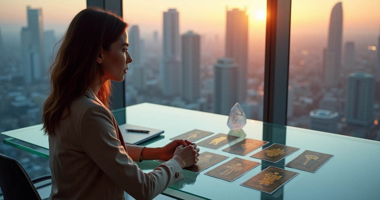 Mulher analisa cartas de tarot sobreposta a skyline corporativo ao entardecer