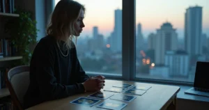 Pessoa observando cartas de tarot e seu reflexo em janela ao amanhecer