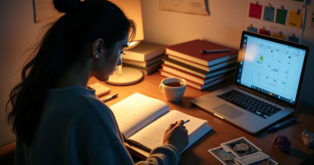 Mesa de estudos com cartas de tarot ao lado de material escolar