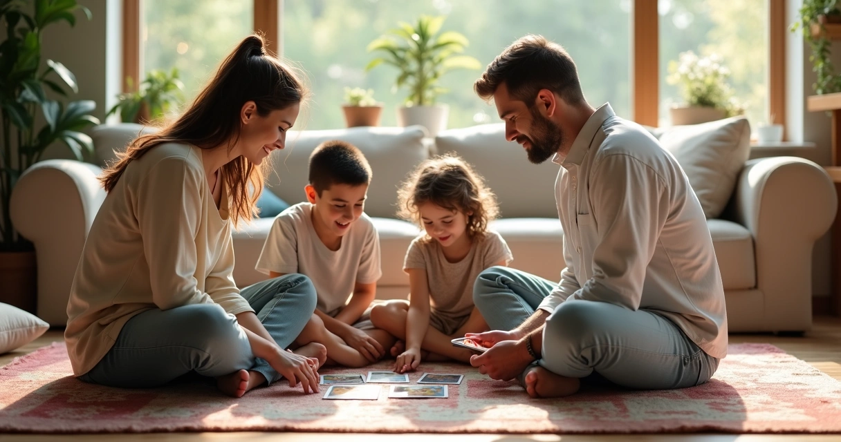 Família reunida no chão da sala jogando tarot de forma descontraída