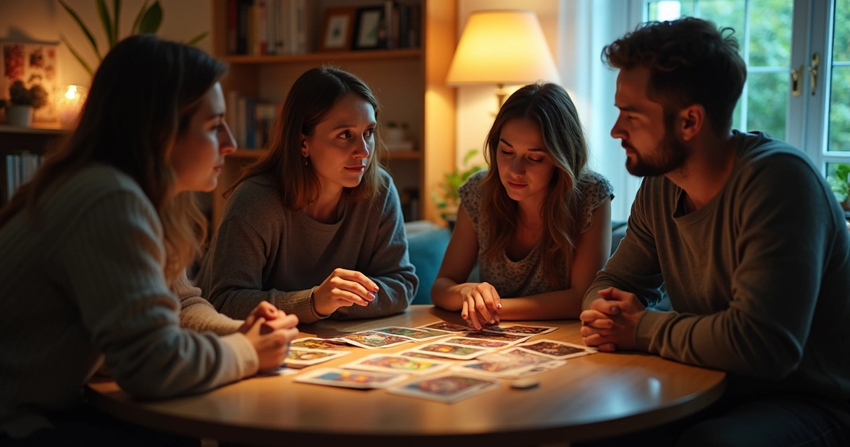 Grupo reunido em torno de mesa redonda consultando cartas de tarot
