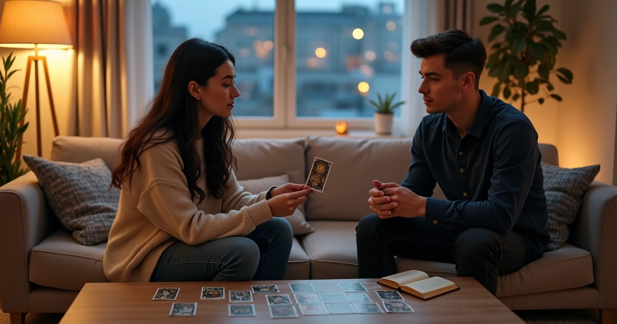Mulher segurando carta de tarot entre ela e parceiro no sofá