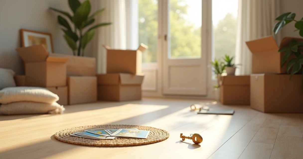 Sala vazia com caixas de mudança e cartas de tarot no chão