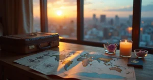 Mesa com cartas de tarot, mapa e mala de viagem perto de janela mostrando cidade distante
