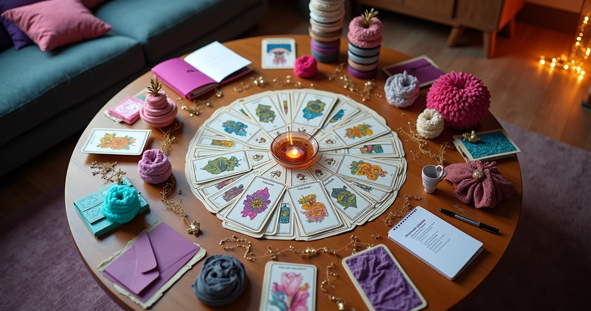 Mesa preparada para festa com cartas de tarô organizando decoração vibrante