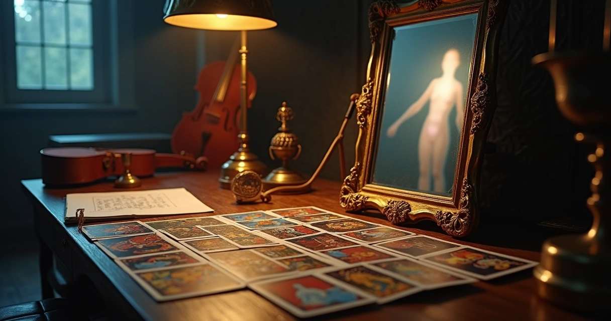 Mesa com cartas de tarot diante de espelho refletindo silhueta luminosa